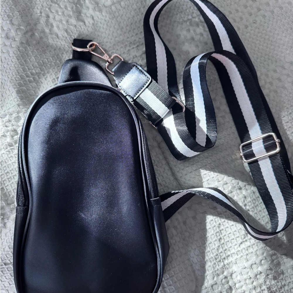 Black Crossbody Bag with Striped Strap